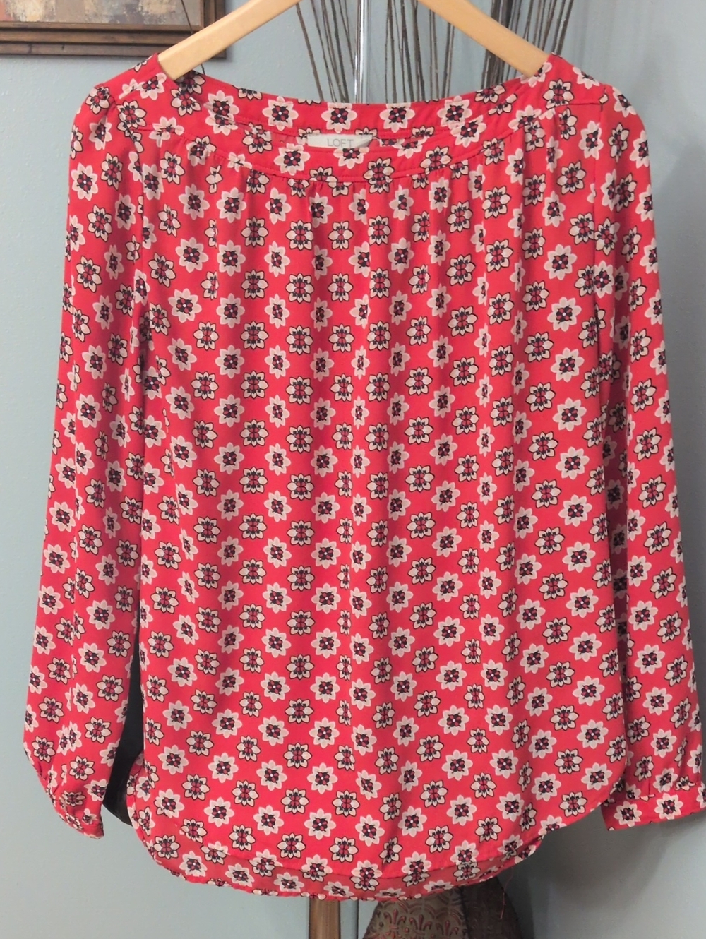 LOFT Red and White Floral Peasant Dress Blouse